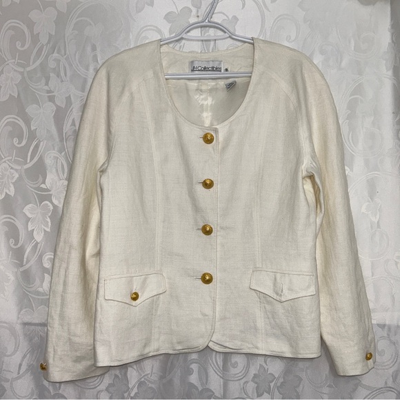 JH Collectibles Pure Linen Ecru White Golden Button Classic Vintage Blazer - Picture 9 of 11